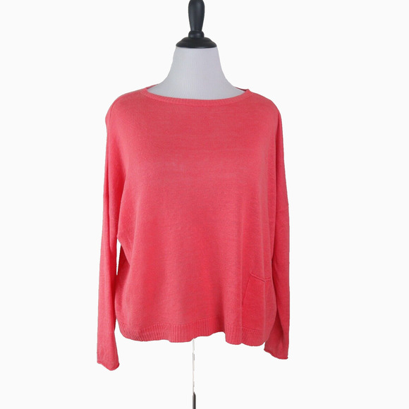 Eileen Fisher Size M Organic Linen Bateau Neck Boxy Pullover Coral - Picture 2 of 9
